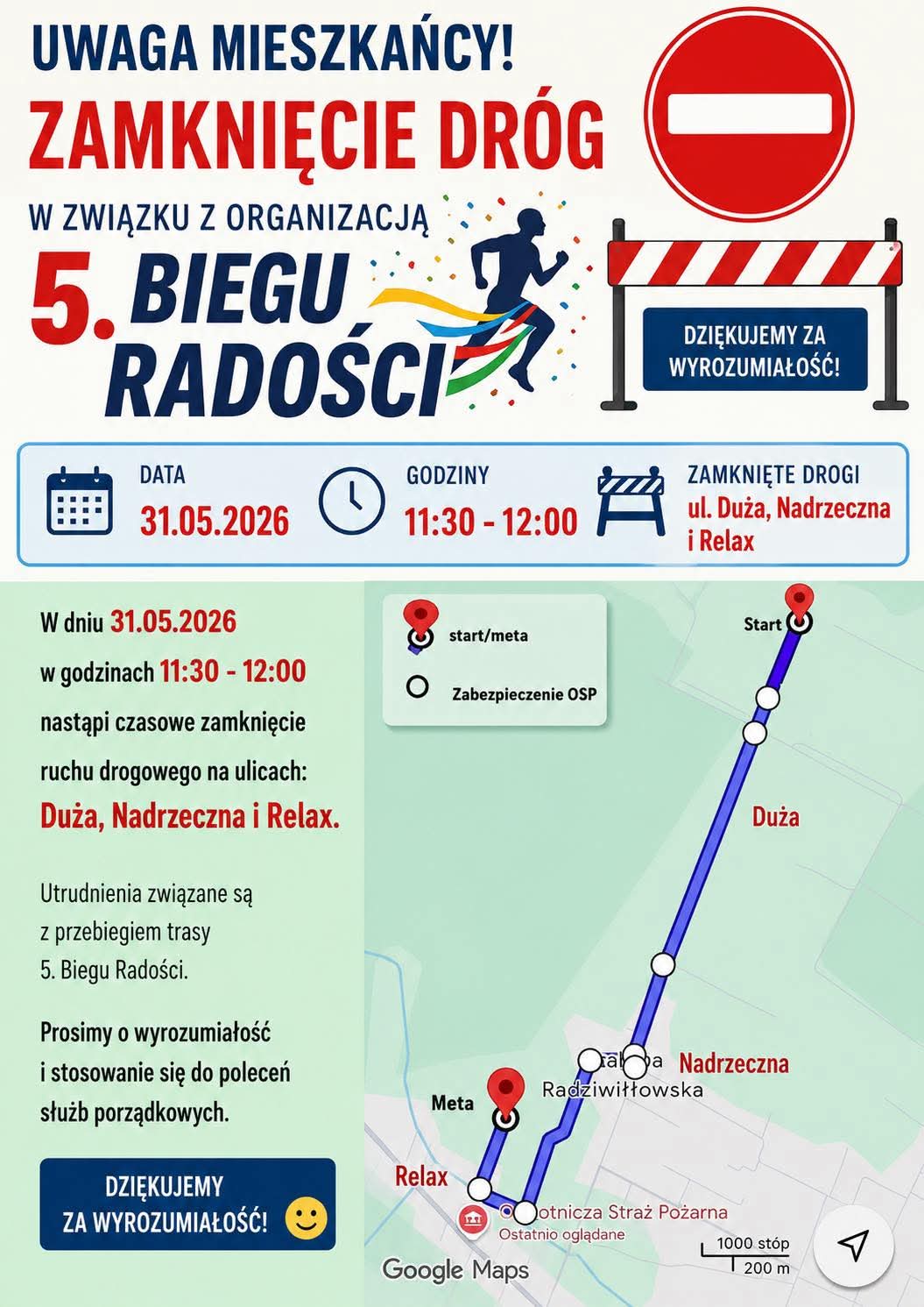 Uwaga mieszkańcy zamknięcie dróg-5 Bieg radości